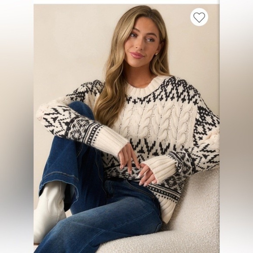 Z Supply Cable Knit Sweater Women Large Black White Fair Isle ZW244270 Relaxed